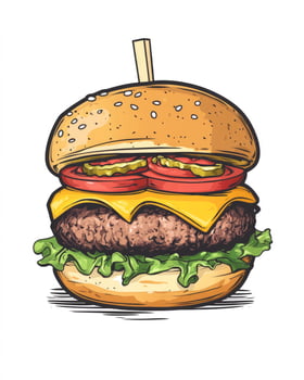 Delicious Burger Illustration with Cheese, Tomatoes and Pickles on White photo