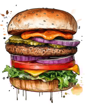 Appetizing Watercolor Burger Illustration with Fresh Vegetables and Sauce Drips photo
