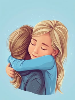 Girl Hugging Another Person with Affection and Care on Light Blue Background photo