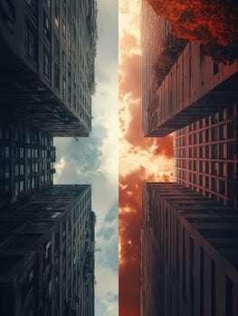 Looking Up at Urban Buildings with Moody Sky Color Contrast photo