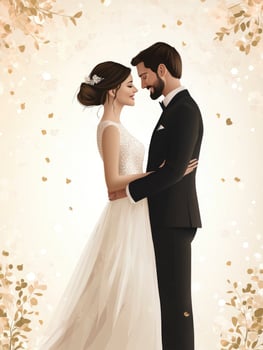 Embracing Wedding Couple in Elegant Attire with Floral Background Illustration photo
