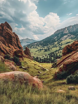 Hiking Through Red Rocks in Rolling Green Hills Under a Cloudy Sky photo