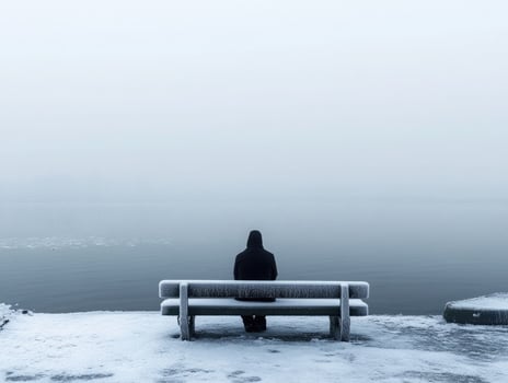 Person sitting on a snowy bench beside a foggy waterway during winter contemplation photo