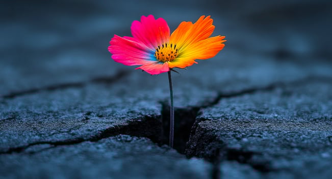 Flower blooms through cracked earth. A bright flower emerges from a deep crack in dark, dry soil, symbolizing resilience and beauty in harsh conditions. photo