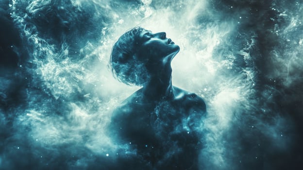 Silhouette of young caucasian male amidst ethereal cosmic fog in blue hues photo