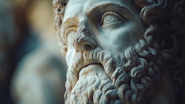 Stone sculpture of bearded male figure with intricate details photo