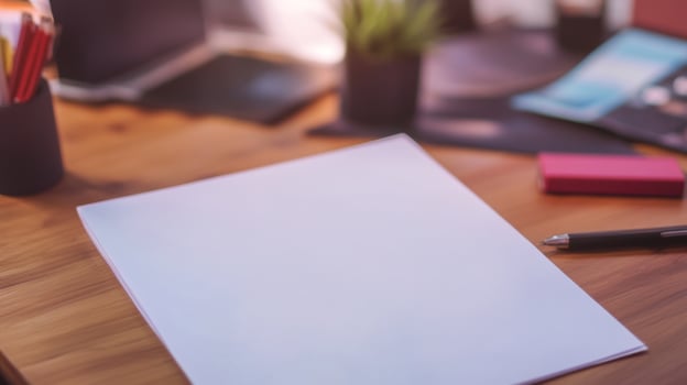 Blank paper and pen resting on wooden desk in home office setting photo