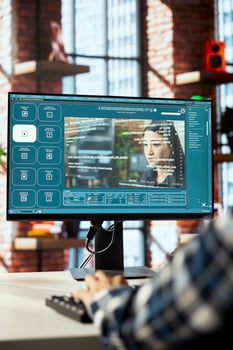 Graphic editor designing user interface for AI software turning text prompt into photos. Close up of man in home office designing text to image models using machine learning tech photo