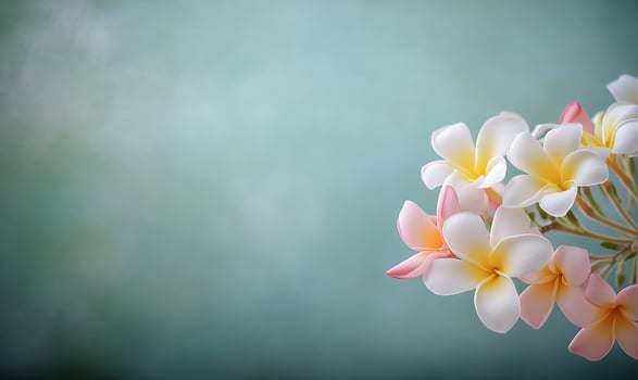 Delicate plumeria blossoms against soft teal background photo