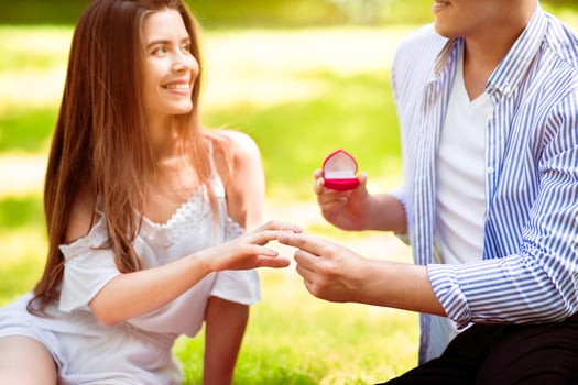 Romantic proposal. Millennial man putting ring on his beautiful girlfriend's finger at park photo