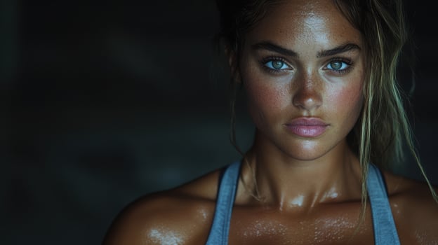 A woman with a wet face and blue eyes photo