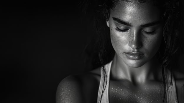 A woman with wet hair and a black background photo