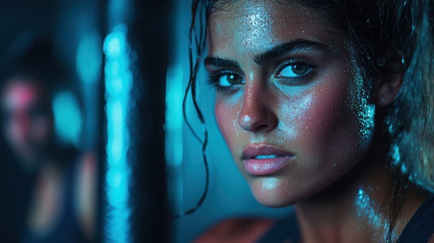 A woman in a gym with a man behind her photo