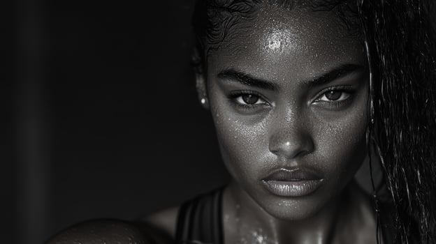 A black and white photo of a woman with wet hair