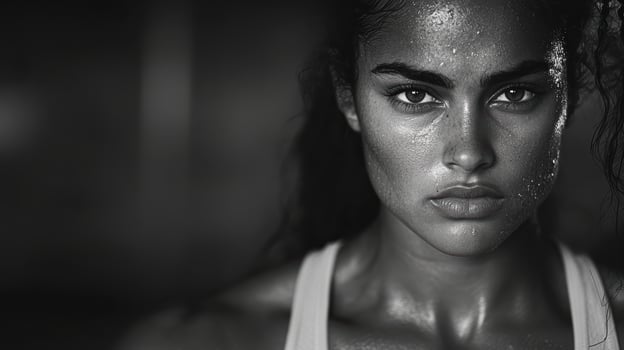 A woman with wet hair and a black and white photo