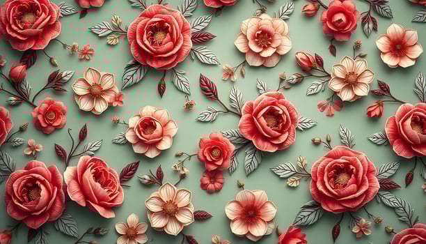 A floral pattern with red roses on a green background photo