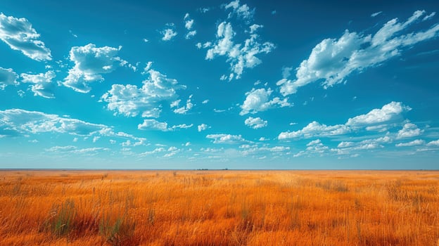 Vast golden field under a vibrant blue sky with fluffy white clouds. A serene, expansive landscape stretches to the horizon. photo