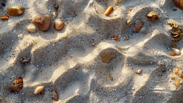 Close-up view of light beige sand with small stones and shells. Natural texture, beach, outdoor, photo