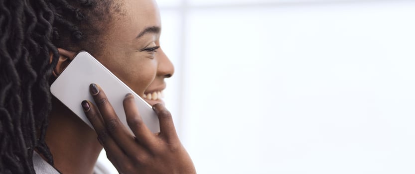 African American Businesswoman Talking On Smartphone, Having Break, Closeup, Panorama With Copy Space photo