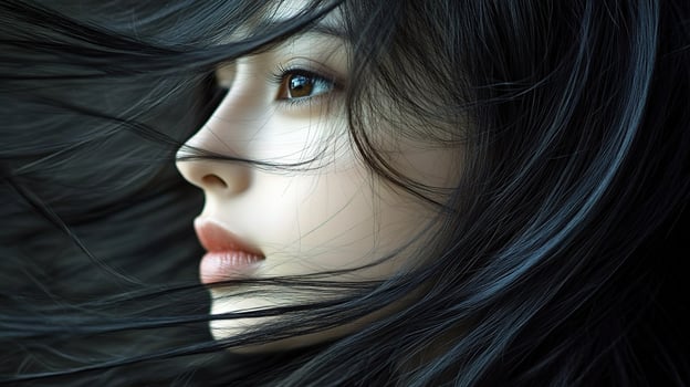 A woman with long black hair and blue eyes photo