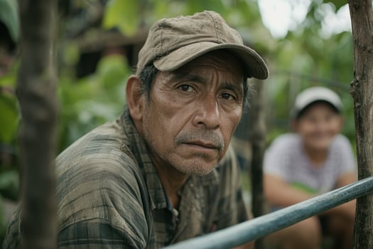 Elderly farmer in rustic cap in lush field gazing thoughtfully amidst greenery and agricultural life photo