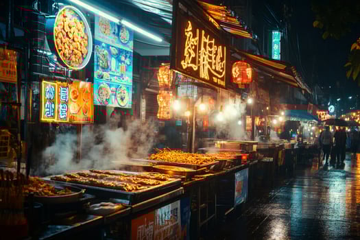 Street food vendors preparing traditional chinese dishes in a night market in china photo
