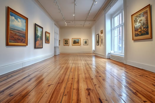 Art gallery interior showing paintings on walls and polished wooden floor photo