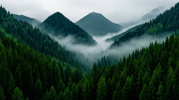 Fog rolling over evergreen forest covering mountain slopes . . photo
