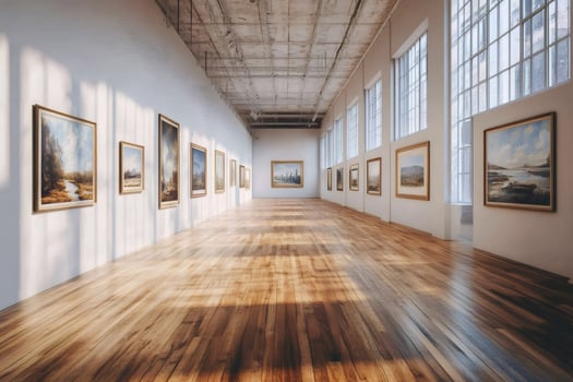 Sunlight illuminating paintings hung in art gallery with wooden floor photo