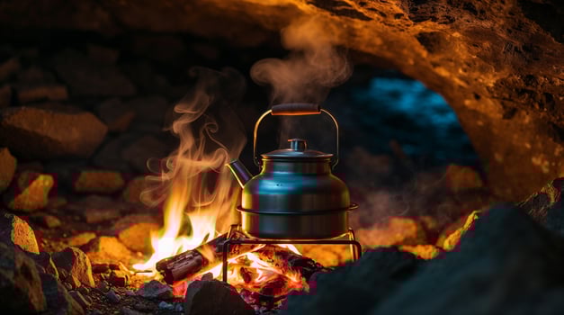Camping kettle on an open fire in a rocky cave. photo
