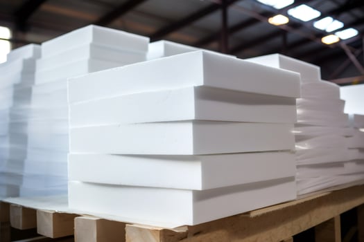 Stacks of polystyrene sheets lying on wooden pallets in factory warehouse photo