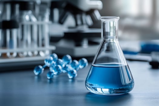Erlenmeyer flask containing blue liquid stands on laboratory table photo