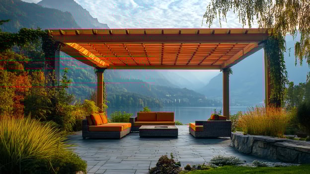 Wooden pergola providing shade on a patio overlooking a lake and mountains photo