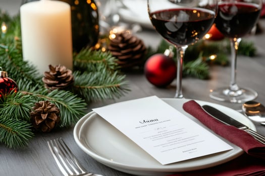 Christmas dinner table setting with menu, red wine, and festive decorations photo