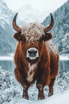 Highland cow standing in snowy mountain landscape photo