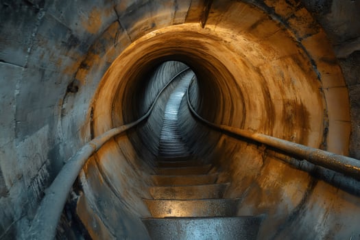 Staircase descending into round tunnel with handrails photo