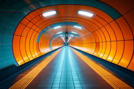Empty pedestrian tunnel with orange and teal walls and tactile paving photo