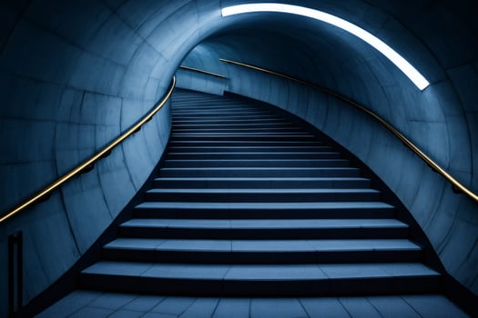 Modern staircase ascending in elegant tunnel with blue lighting photo