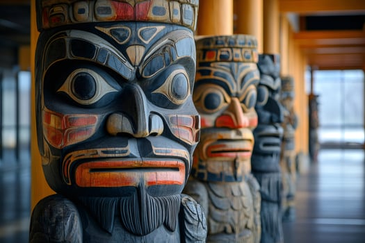 Traditional totem poles representing native american culture and history photo