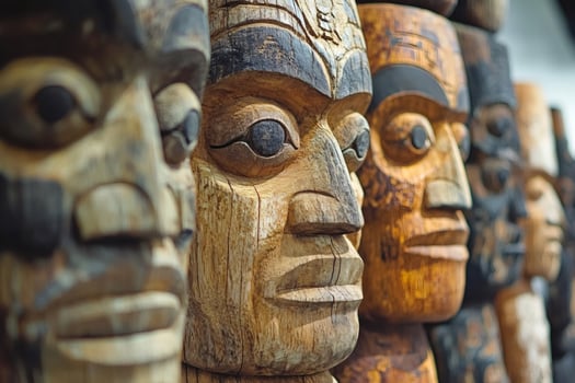 Traditional totem poles showing native american art and history photo