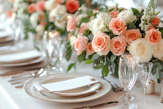 Elegant wedding table setting featuring peach and white roses and place cards photo