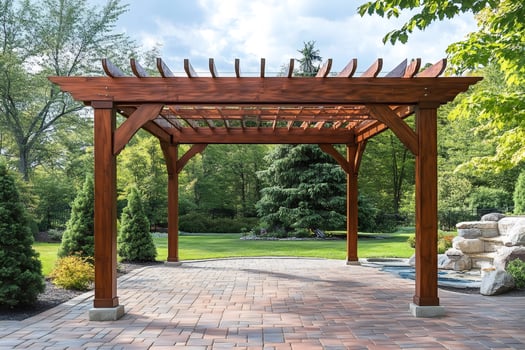 Wooden pergola providing shade in backyard patio area photo