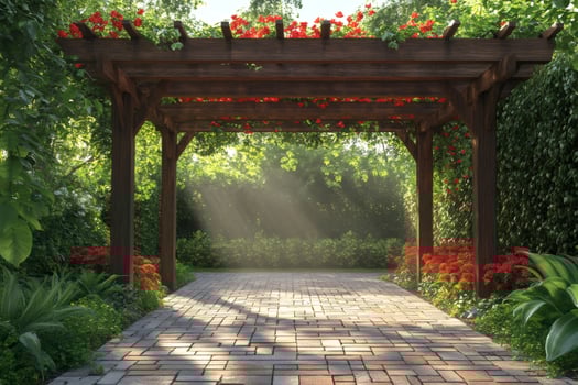 Wooden pergola providing shade in a lush garden with sun rays photo