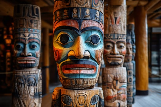 Traditional totem poles representing native american culture in saxman totem park, alaska photo