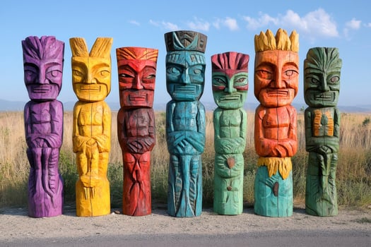 Colorful totem poles representing native american culture stand in grassy field photo