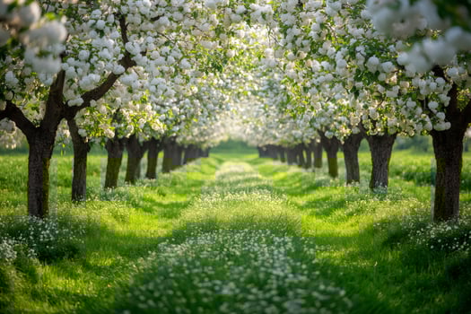 Blooming apple orchard creating picturesque pathway in springtime photo