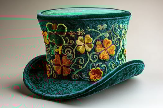 Green velvet top hat decorated with embroidered four leaf clovers and floral ornaments photo