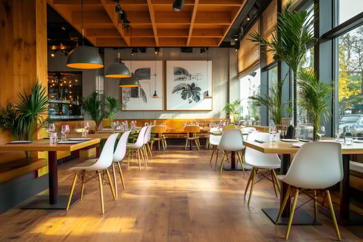 Modern restaurant interior design with wooden furniture and tropical plants photo