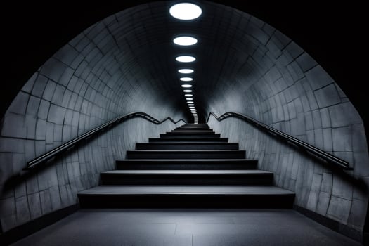 Long staircase going up in a dark tunnel with lights and handrail photo