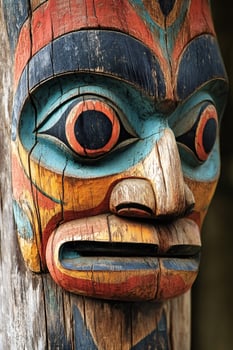 Traditional totem pole showing colorful carvings of native american art photo